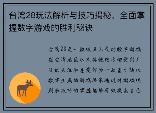 台湾28玩法解析与技巧揭秘，全面掌握数字游戏的胜利秘诀